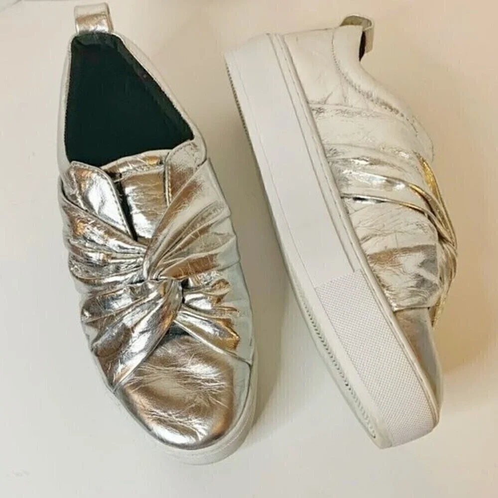 Rebecca Minkoff Nicole Silver Metallic Knot Platform Comfy Slip On Sneakers